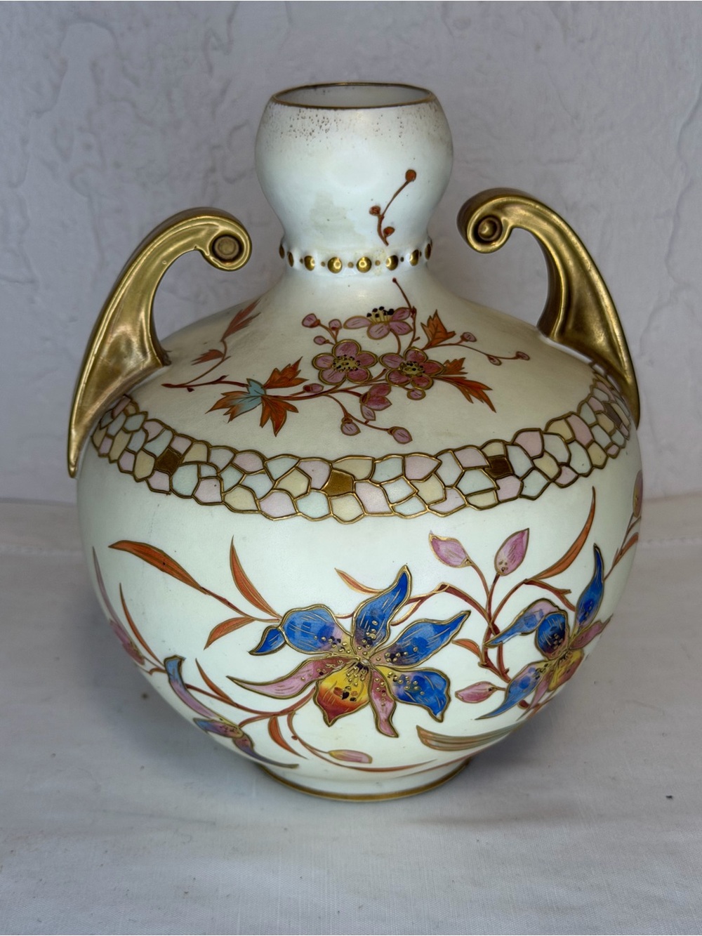 Pointons Stoke on Trent Ceramic Double-Handled Floral Vase Gold Trim Antique